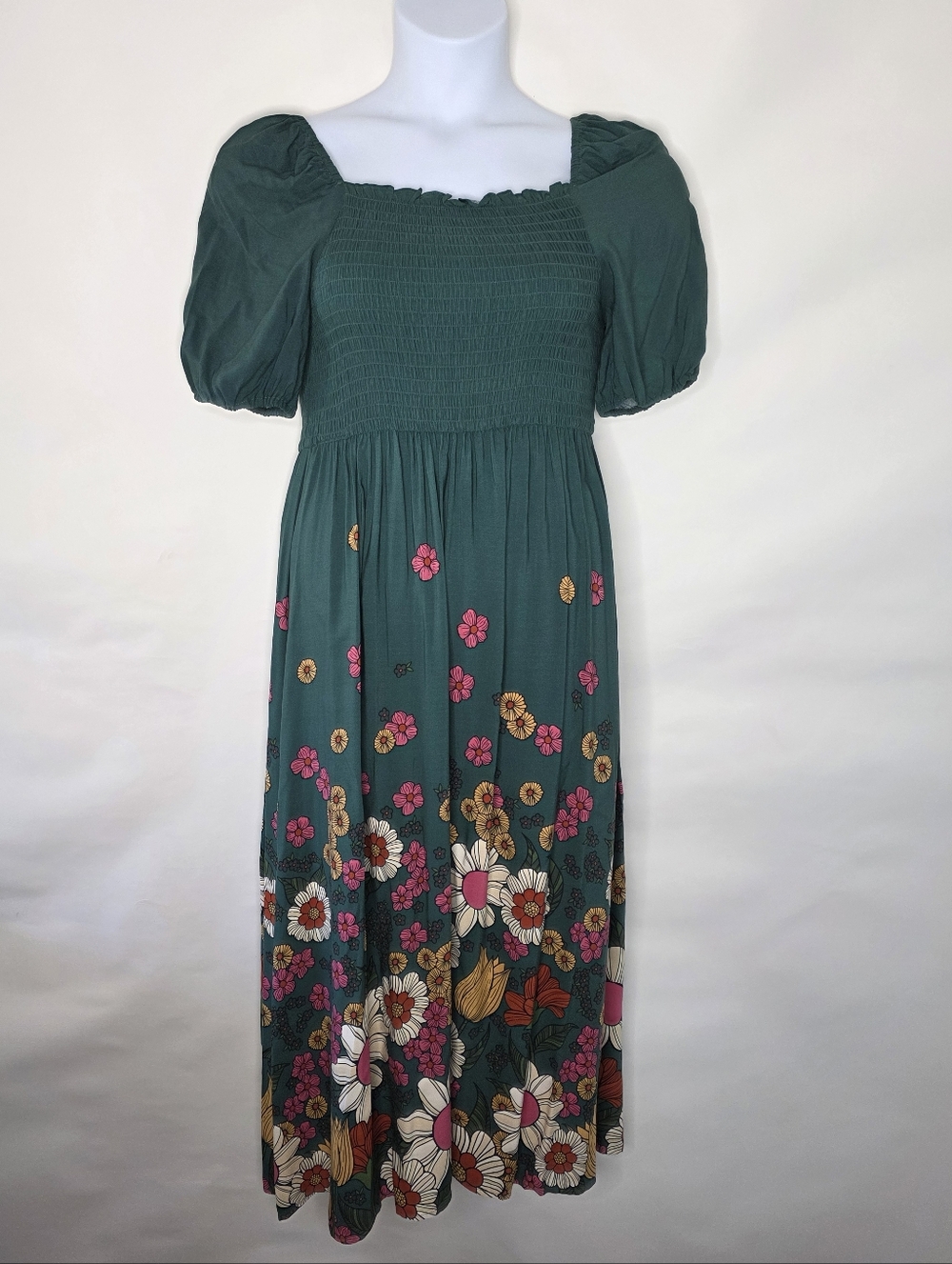 Princess Highway Smocked Green Floral Maxi Dress Size 10 Puff Sleeve Spring Boho